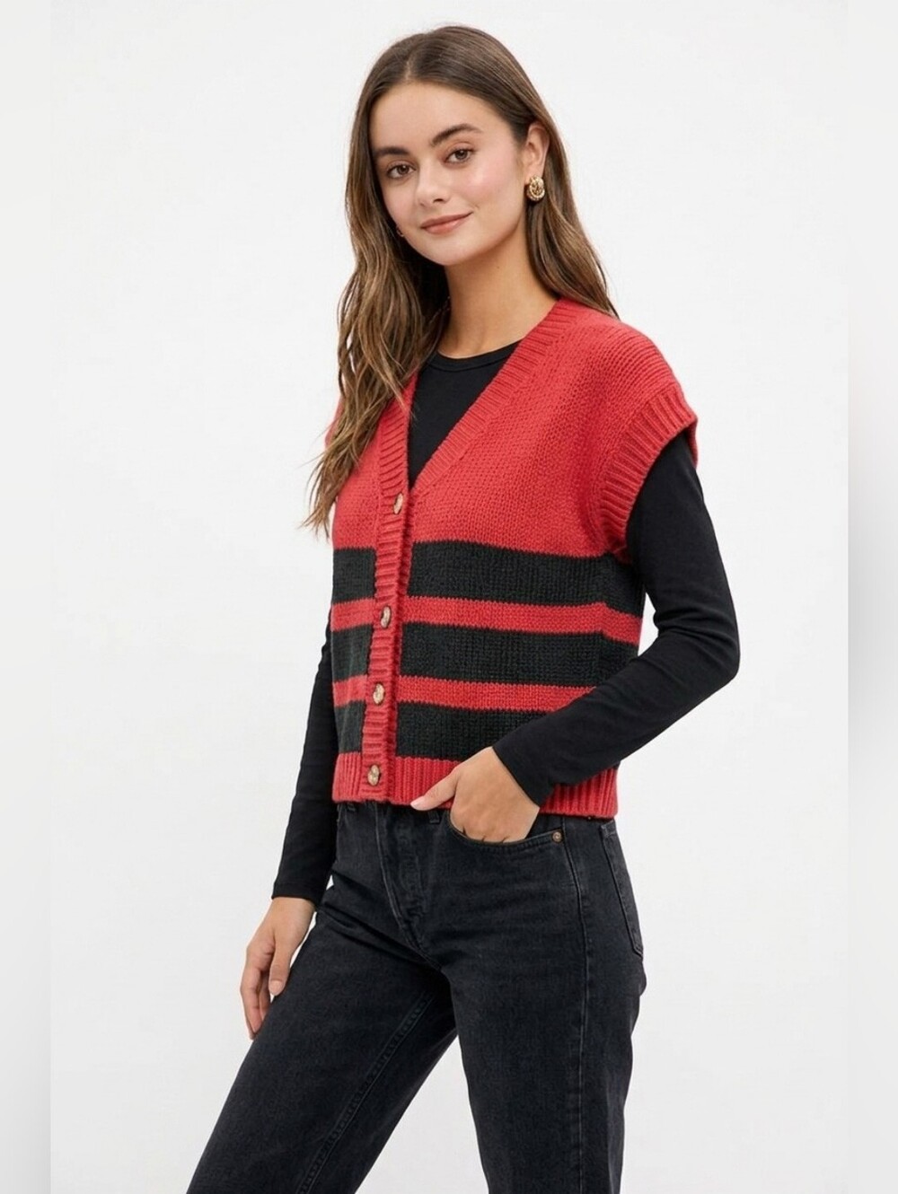 BiBi Game Day Theme Stripe Buttoned V Neck Knit Cardigan-Red/Black - Picture 2 of 5
